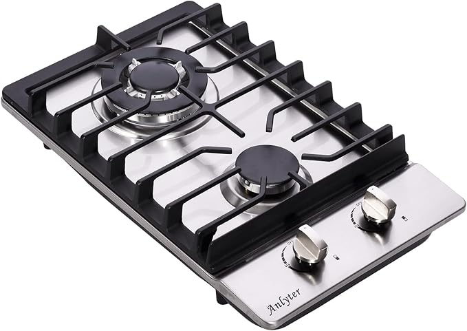 12 Inch Gas Cooktop, 2 Burners Built-in Gas Stovetop Stainless Steel Gas Stove Top Propane/Natural Gas Convertible Sealed Gas Cooktop for RVs, Apartments, Outdoor