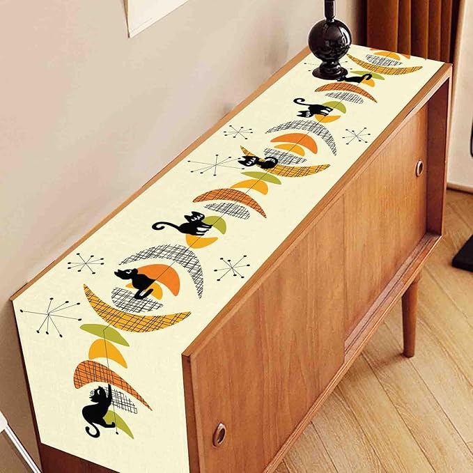 Mid Century Table Runner, Retro 1950s Black Cat Atomic Modern Abstract Coffee Table Center Decor for Home Kitchen Dining Patio Holiday Party Indoor Outdoor Table Decorations, 13"x108" Inch