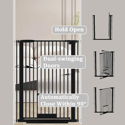 40.55" Tall 1.37" Ultra Narrow Spacing Dogs Pets Baby Gate with Door for Doorway Cat Safety Proof Indoor Extra 30.12-34.06" Wide Puppy Pressure Mounted No Drill White Black Metal Hallway