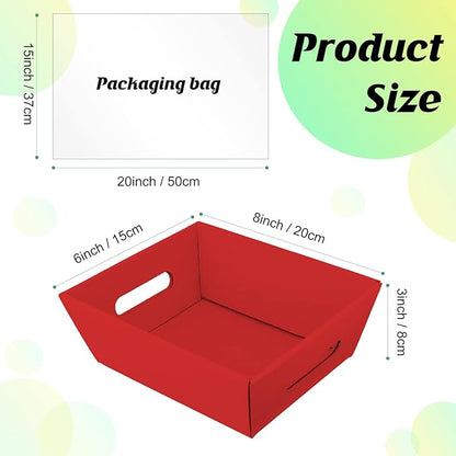Fainne 74 Pcs Baskets for Gifts Empty Bulk DIY Empty Gift Basket Include 20 Kraft Cardboard Tray with Handles 30 Bags 24 Bows for Christmas Thanksgiving Birthdays Snacks Party, 8" x 6" x 3"(Red)