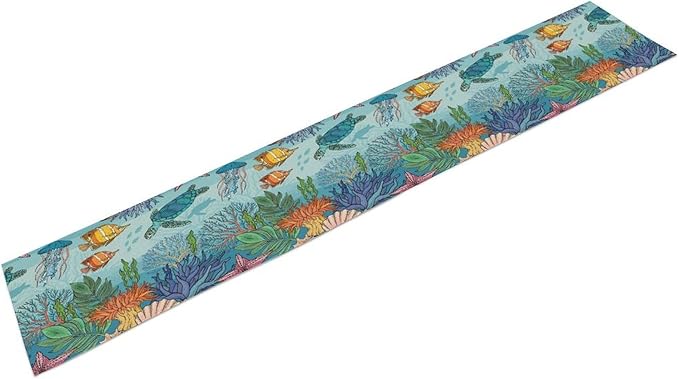 Coastal Table Runner, Ocean Nautical Coral Starfish Seashell Sea Turtle Table Runner for Dining Table Kitchen Party Picnic Home 13x70in