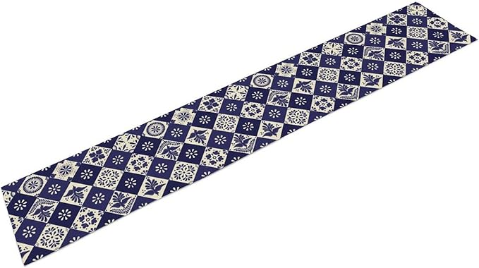 Floral Birds Mexican Table Runner, Blue Mexico Talavera Ceramic Tiles Cinco De Mayo Azulejo Coffee Table Center Decor for Family Kitchen and Dining Patio Indoor Outdoor Table Decorations, 13" X 90"