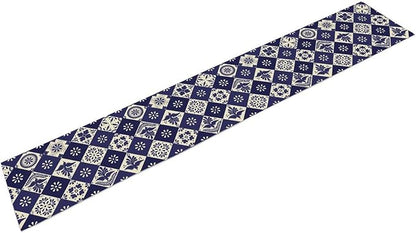 Floral Birds Mexican Table Runner, Blue Mexico Talavera Ceramic Tiles Cinco De Mayo Azulejo Coffee Table Center Decor for Family Kitchen and Dining Patio Indoor Outdoor Table Decorations, 13" X 90"