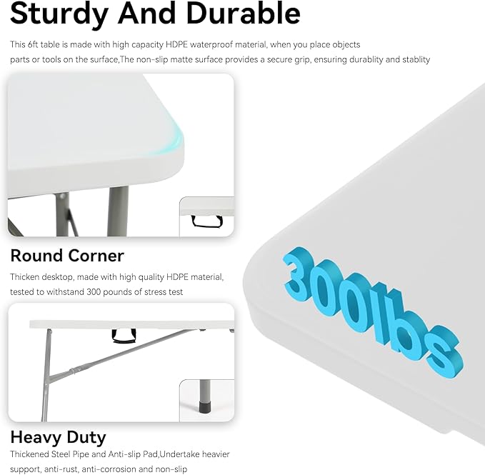 5 Pack of 6 Foot Foldable Table with Built in Handle & Steel Legs ,Heavy Duty Portable ,Perfect for Party, Dining, Wedding, Events, Picnic Indoor, Outdoor, Camping, Utility, Folding(white-5pac)