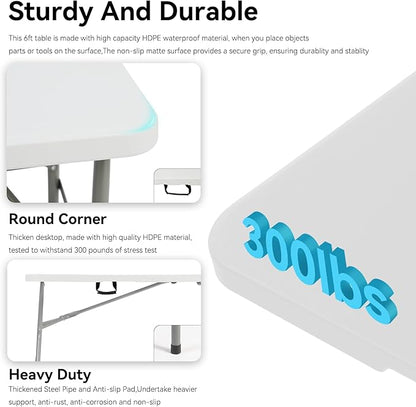 6 Foot Foldable Table with Built in Handle & Steel Legs,Heavy Duty Portable,Perfect for Party, Dining, Wedding, Events, Picnic Indoor, Outdoor, Camping, Utility, Folding(white-1pac)