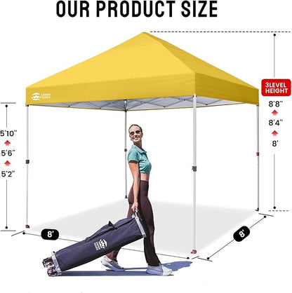 CROWN SHADES 8x8 Pop Up Canopy - Beach Tent with One Push Setup - Easy Outdoor Sun Shade for Events, Parties, Camping - Gazebo with STO-N-Go Cover Bag, Silver Coated Top, Yellow