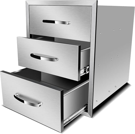 Outdoor Kitchen Drawers, Flush Mount Triple Access BBQ Drawers With Stainless Steel Handle, BBQ Island For BBQ Island Patio Grill Station,Three Drawers