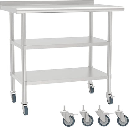 24x36 Inch Stainless Steel Work Table with Backsplash, Double Undershelves and Casters, Commercial Prep Table, Heavy Duty Kitchen Workbench, NSF Certified, Rust & Scratch Resistant