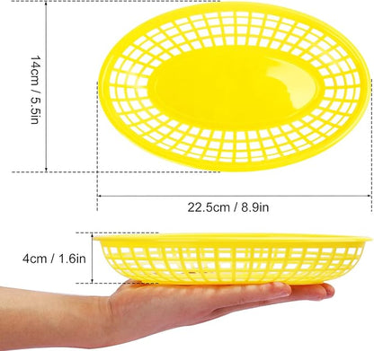 80 Pcs 9 x 5.7 Inch Reusable Oval Fast Food Baskets, Sturdy Plastic Serving Baskets for Fast Food, Parties, Picnics, BBQs and Snacks, by KUKLIPJIM.(Yellow)