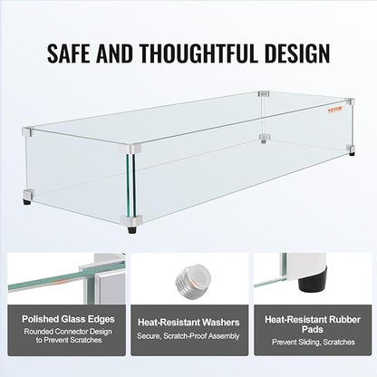 Glass Wind Guard for Rectangular Fire Pit Table 31 x 12.5 x 6.5 Inch, 0.31 inch Thick and Sturdy Tempered Glass Panel with Hard Aluminum Corner Bracket & Rubber Feet, Easy to Assemble