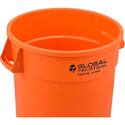 Global Industrial Commercial Round Trash Can, 32 Gallon Capacity, Plastic Garbage Can, Indoor and Outdoor Utility Trash Can, Bright Orange, 21-3/4"W x 27-1/2"H, No Lid