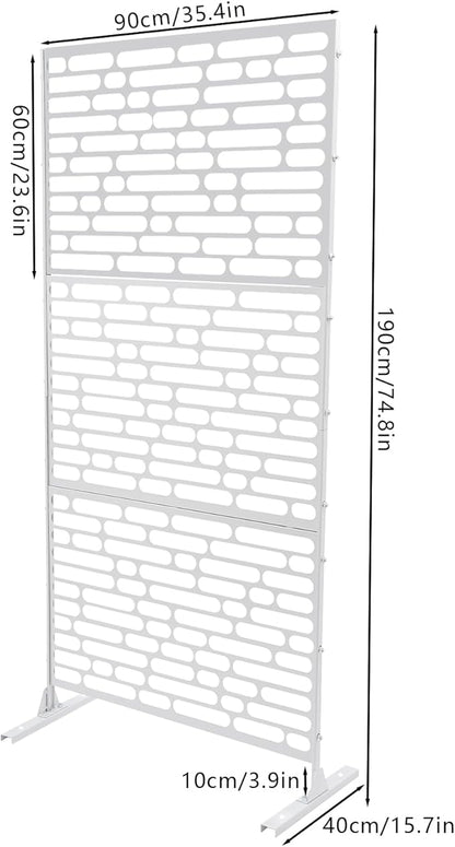 75" H×35" W Decorative Outdoor Privacy Screen with Stand, Outdoor Decor Privacy Fence Screen Metal Fence Panels, Free Standing Metal Divider for Patio Lawn Deck (White-Oval)