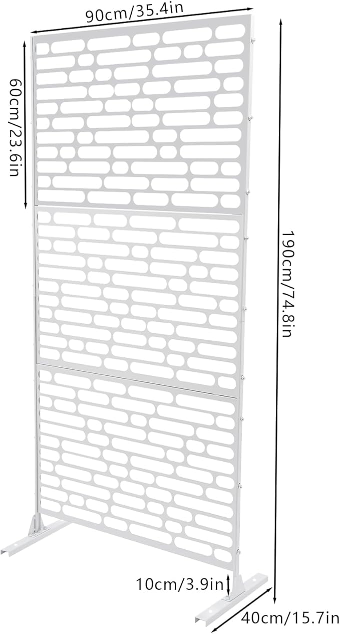Outdoor Metal Privacy Screen with Stand, 35.4" W x 75" H Freestanding Metal Slatted Decorative Privacy Screen and Panels for Patio Garden Balcony Porch (White Rounded Rectangle)