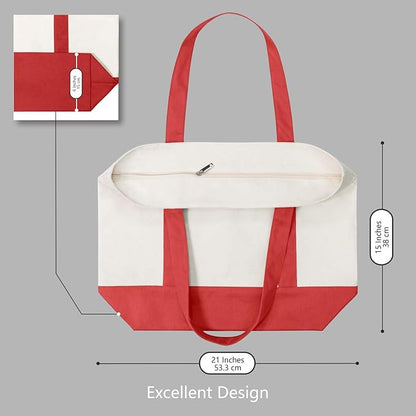 TOPDesign 6-Pack Canvas Tote Bags with an External Pocket, Reusable Grocery Shopping Bags, Top Zipper Closure, Daily Essentials (Red/Natural)