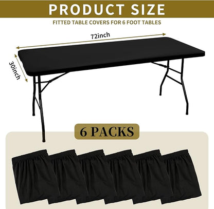 6 Pack Stretch Fabric Table Top Cap Cover, fits 6' Tables, Spandex Table Covers Washable Elastic Universal Rectangle Tablecloth Protector for Indoor Outdoor Party Picnic Wedding, Black, 30" W x 72" L