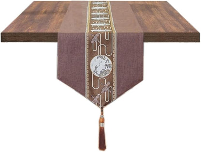 Embroidered Tassel Table Runner Chinese Style Landscape Painting Waterproof Cotton Linen Holiday Kitchen Dining Table Decoration for Home Party Decor 13x72 Inch (Brown)