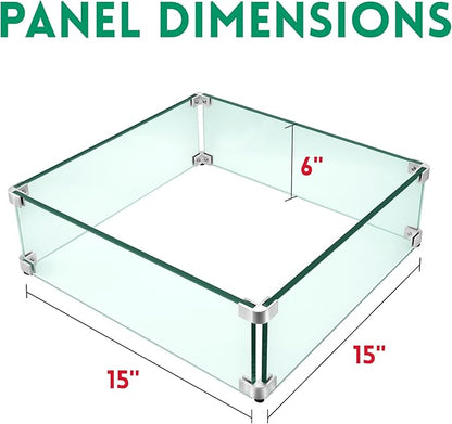 Fire Pit Wind Guard, 15" x 15" Square Tempered Glass Wind Shield for Firepit & Fire Table, Thick Glass and Easy Installation with Included Tools, Airflow Management for Stable Flame