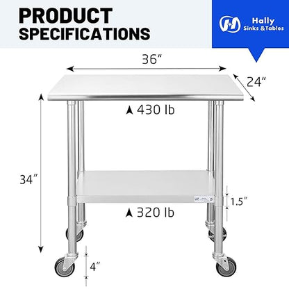 Hally Stainless Steel Table for Prep & Work 24 x 36 Inches with Caster Wheels, NSF Commercial Heavy Duty Table with Undershelf and Galvanized Legs for Restaurant, Home and Hotel