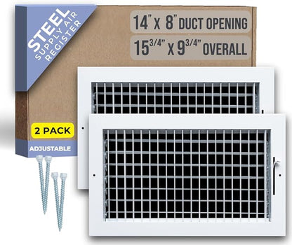 [2 Pack] Fits 14x8 Duct Opening Steel Adjustable Air Supply Grille by Handua | Register Vent Cover Grill for Sidewall and Ceiling | White | Outer Size: 15.75" X 9.75"