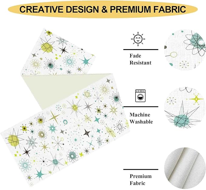 Mid Century Table Runner, Retro 1950s Atomic Pattern Modern Abstract Geometric Coffee Table Center Decor for Home Kitchen Dining Patio Holiday Party Indoor Outdoor Table Decorations, 13"x108" Inch