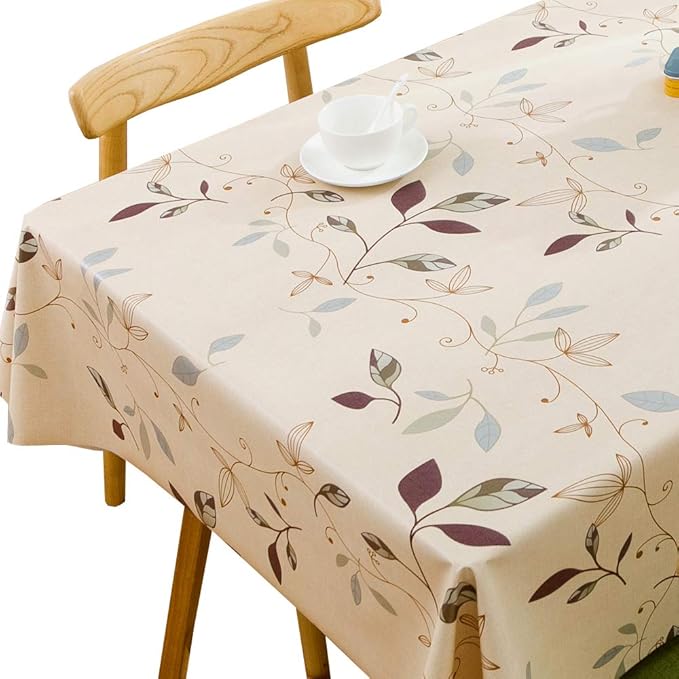 TruDelve Heavy Duty Vinyl Tablecloth Beige Plastic Table Cloth Waterproof Wipeable Oilcloth Plastic Tablecloths for Rectangle Tables (54'' x 84'', Leaves)