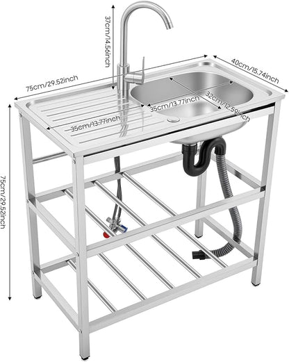 Outdoor Utility Sink, Freestanding Kitchen Sink with Faucet, Utility Sink Freestanding Single Bowl Portable Washing Hand Basin Station with 2 Tier Storage Shelves for Backyard (29.52x 15.74x 30.7in)