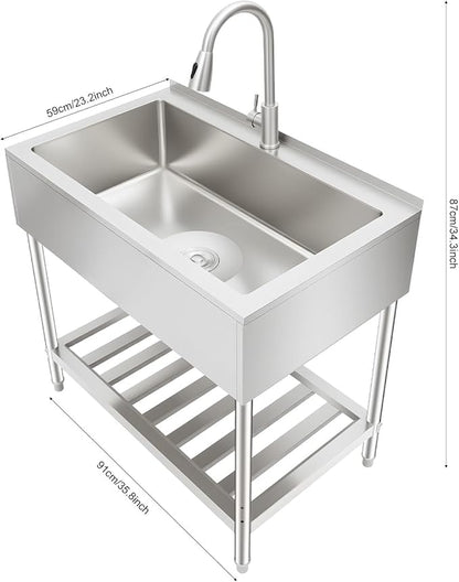 LOYALHEARTDY Stainless Steel Utility Sink 35.8" with Hose Hook Up ，Heavy-Duty Outdoor Sink Station for Laundry/Camping/Outdoor Kitchen, 201 SS Hand Washing Station & Kitchen Basin