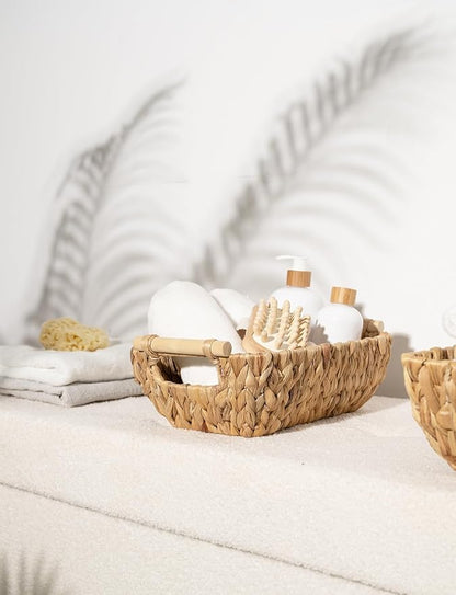 StorageWorks Hand-Woven Small Wicker Baskets, Water Hyacinth Storage Baskets with Wooden Handles, 2-Pack