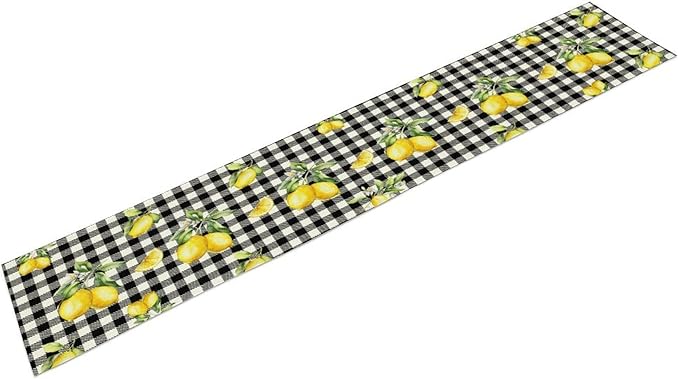 Fresh Lemon Table Runner, Yellow Lemon Black White Buffalo Check Plaid Table Runner for Farmhouse Coffee Home Kitchen Dining 13x108in