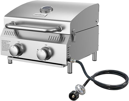 Veralune 2 Burner Tabletop Gas Grill, 20,000 BTUs Stainless Steel Portable Propane Grill with Legs, Built-in Thermometer, Travel Locks for Tailgating, Outdoor, Camping, RV Trips