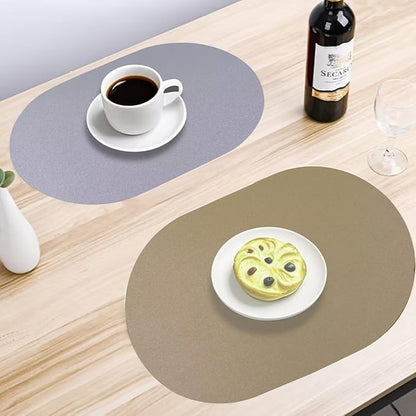 Oval Faux Leather Placemats Set of 6,Reversible PU Placemat for Dining Table,Waterproof Heat Resistant Wipeable Anti Slip Table Mats,Modern Table Protectors(Grey and Gold)