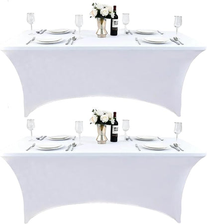 2-Pack 8ft White Spandex Table Covers for Rectangle Folding Tables - Washable Elastic Tablecloth - Ultimate Fitted Table Protector for Birthday Parties, Trade Shows, Banquet