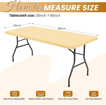 6 Pack Stretch Fabric Table Top Cap Cover, Beige Table Covers fits 8Ft Tables, Washable Elastic Universal Rectangle Tablecloth Protector for Indoor Outdoor Party Picnic Wedding (30" W x 96" L)