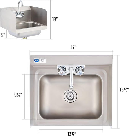 WILPREP Commercial Hand Sink, NSF Stainless Steel Sink Commercial Utility Sink with Gooseneck Faucet and Strainer, 17x15 Inch Wall Mount Kitchen Sink for Restaurant Bar RV Bathroom Laundry Room