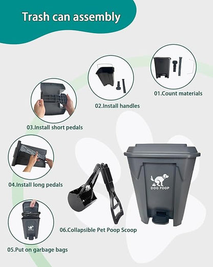 Large Dog Poop Trash Can Outdoor 20L / 5.3 Gallon with Foldable Pooper Scooper - Waterproof Pet Waste Station Set, Foot Pedal, Inner Bucket & 100 Bags for Backyard