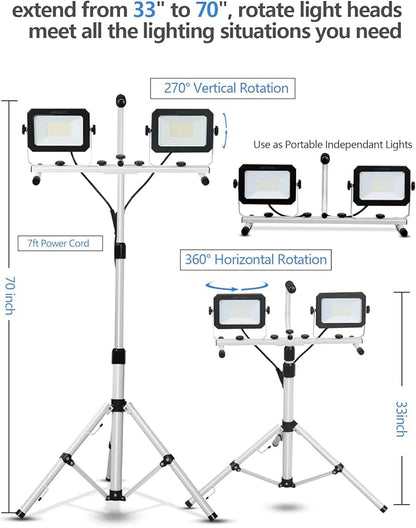 UFOND 10000 Lumen LED Work Light with Stand,Detachable Waterproof Dual Head Work Lights,Individual Switch Floodlight with TelescopingTripod,Work Lamp with Power Cord for Construction Site