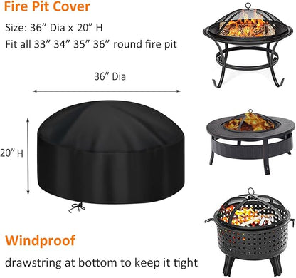 36-Inch Fire Pit Cover for 34-36 inch Round Fire Pit, Heavy Duty 300D Oxford Fabric Waterproof Dustproof Fire Bowl Cover All-Season Protection 36"Dia x 20"H