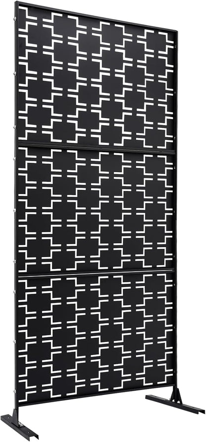 75" H×35" W Decorative Outdoor Privacy Screen with Stand, Outdoor Decor Privacy Fence Screen Metal Fence Panels, Free Standing Metal Divider for Patio Lawn Deck (Black-Rectangular)