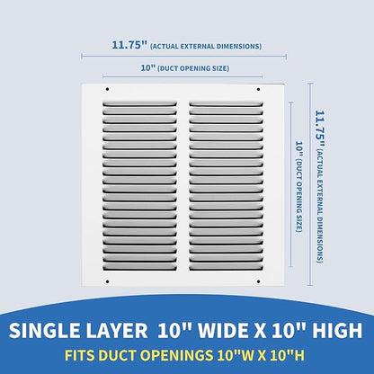 10x10 Vent Cover (Duct Opening Size), Air Return Vent Cover, AC Vent Cover, Cold Air Return Vent Cover, Flat Return Air Grilles, Outer Dimensions:11.75"W x 11.75"H (10"Wx10"H, Duct Opening)