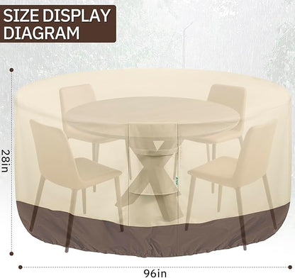 Round Patio Furniture Covers, 96" DIA x 28 H Waterproof Outdoor Furniture Cover for Patio Table & Chair Sets, 600D Heavy-duty UV-Resistant Fade-Proof Protection, Beige & Brown