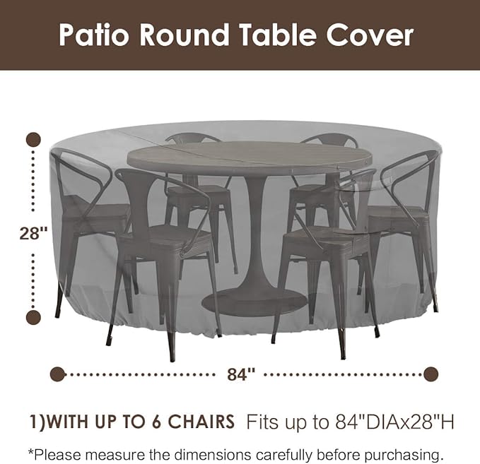 Vailge Round Patio Furniture Covers, 100% Waterproof Outdoor Table Chair Set Covers, Anti-Fading Cover for Outdoor Furniture Set, UV Resistant (Grey, 84"DIAx28"H)