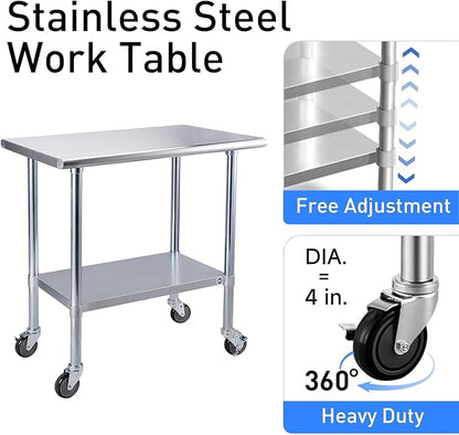 ROCKPOINT Stainless Steel Table for Prep & Work with Caster Wheels 30x72 Inches, NSF Metal Commercial Kitchen Heavy Duty Table with Adjustable Under Shelf and Table Foot for Restaurant, Home and Hotel