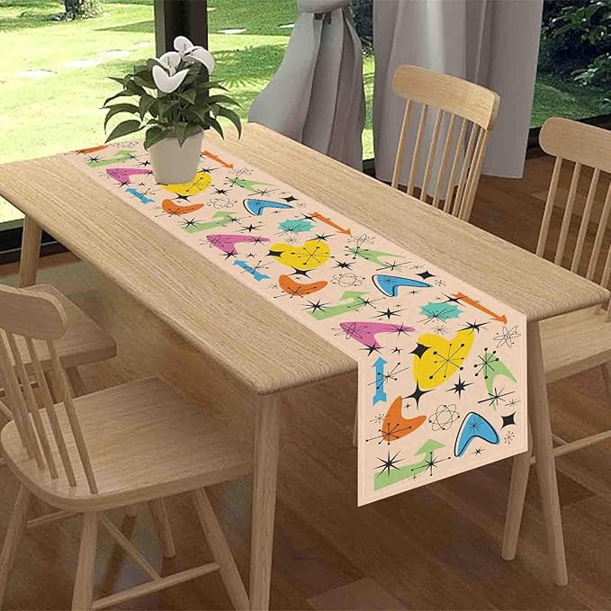 Mid Century Table Runner, Retro 1950s Atomic Minimalist Modern Abstract Geometric Colorful Coffee Table Center Decor for Home Kitchen Dining Patio Holiday Party Table Decorations, 13"x36" Inch