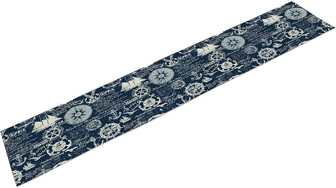 Marine Ship Table Runner, Nautical Pattern Seasonal Farmhouse Sea Rustic Kitchen Dining Table Decoration for Holiday Home Party Festival 13x36in