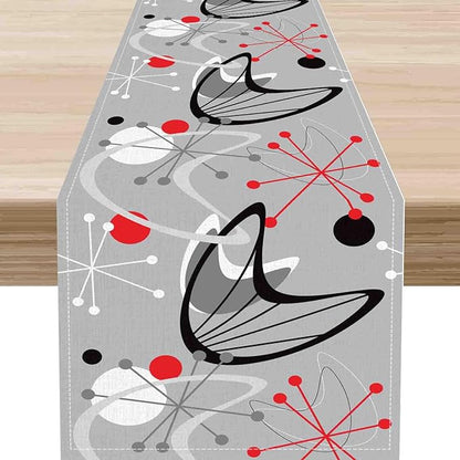 Mid Century Table Runner, Retro 1950s Atomic Minimalist Modern Abstract Geometric Gray Coffee Table Center Decor for Home Kitchen Dining Patio Holiday Party Table Decorations, 13"x72" Inch