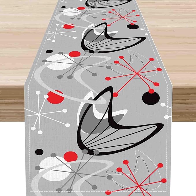 Mid Century Table Runner, Retro 1950s Atomic Minimalist Modern Abstract Geometric Gray Coffee Table Center Decor for Home Kitchen Dining Patio Holiday Party Table Decorations, 13"x36" Inch