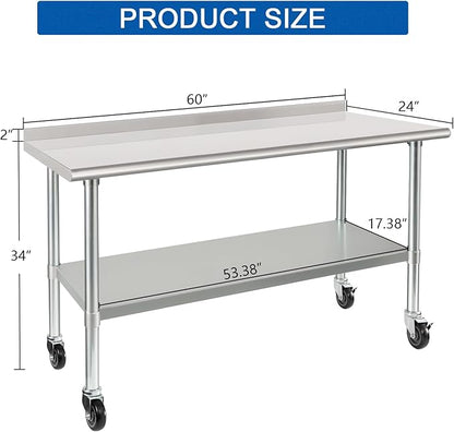 HARDURA Stainless Steel Table 24 x 60 Inches with Wheels Casters NSF Heavy Duty Commercial Prep Table with 2” Backsplash and Adjustable Undershelf for Restaurant Kitchen Home and Hotel