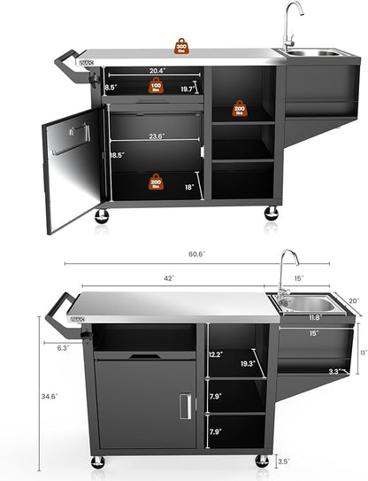 NUUK Grill Cart with Sink and Storage Cabinet Outdoor Kitchen Island Prep Table Cooking Station with Stainless Steel Top and Movable Universal Wheels for Outside BBQ Backyard Include Metal Hooks