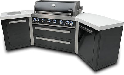 Mont Alpi MAi805-BSS45 44-inch 6-Burner 115000 BTU 45 Degree Black Stainless Steel Gas Outdoor Kitchen Bar Island Grill w/Infrared Side & Rear Burners + Granite Countertops + Storage Drawers