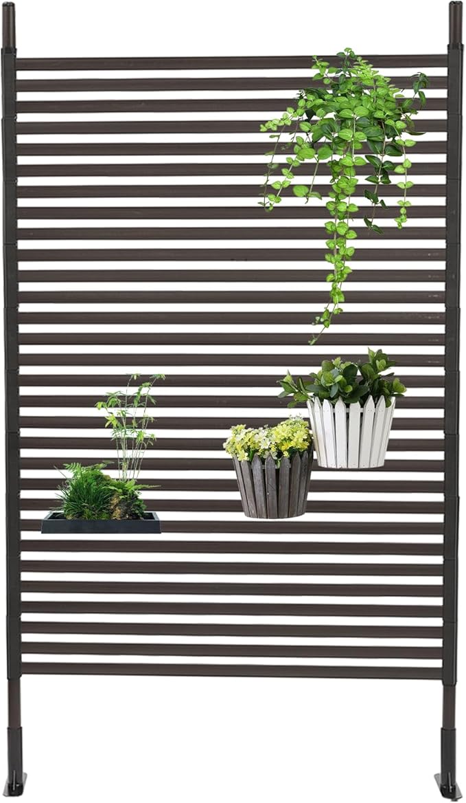 Outdoor Privacy Screens Freestanding, 43" W x 71" H Metal Slatted Decorative Screen and Panels with Stand, Brown Backyard Privacy Panels for Garden Patio